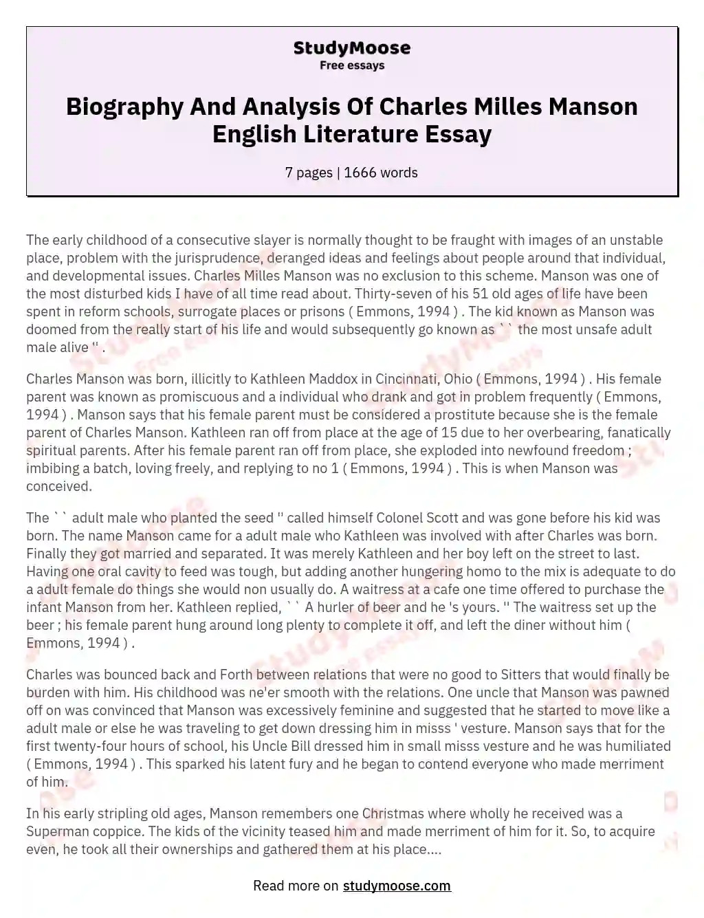 Biography And Analysis Of Charles Milles Manson English Literature Essay