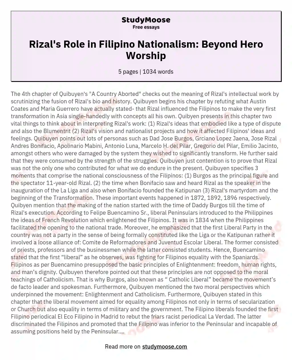 Rizal's Role in Filipino Nationalism: Beyond Hero Worship essay