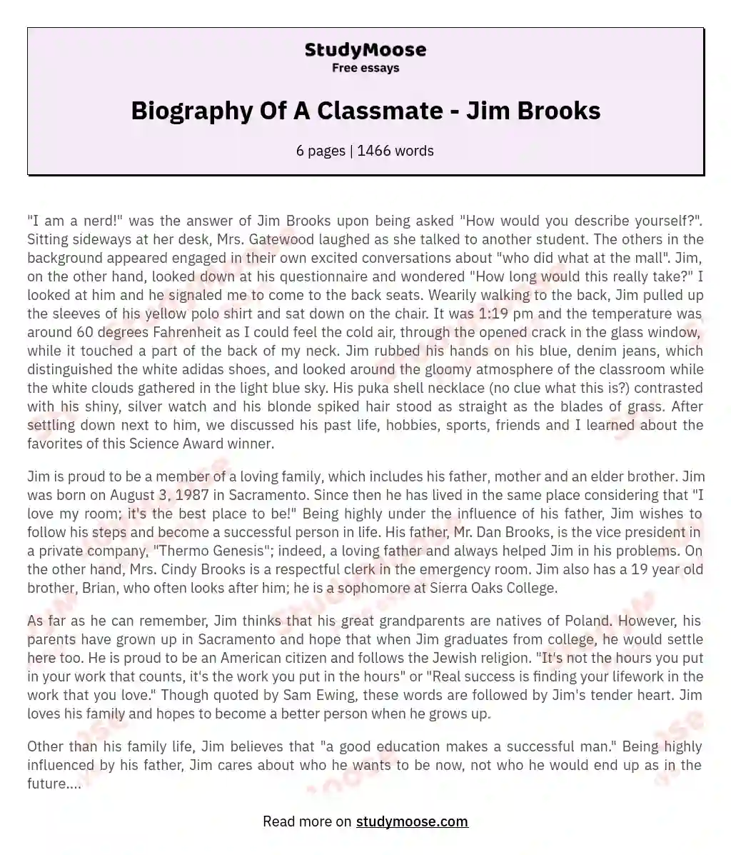 Biography Of A Classmate - Jim Brooks essay