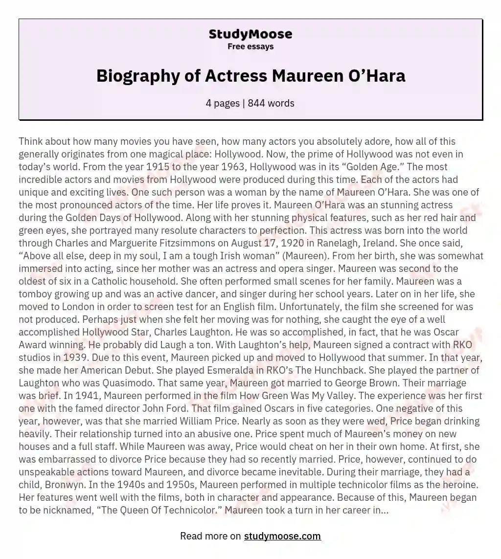 Biography of Actress Maureen O’Hara essay