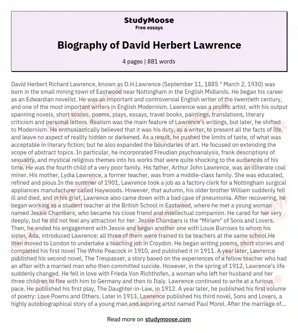 Biography of David Herbert Lawrence