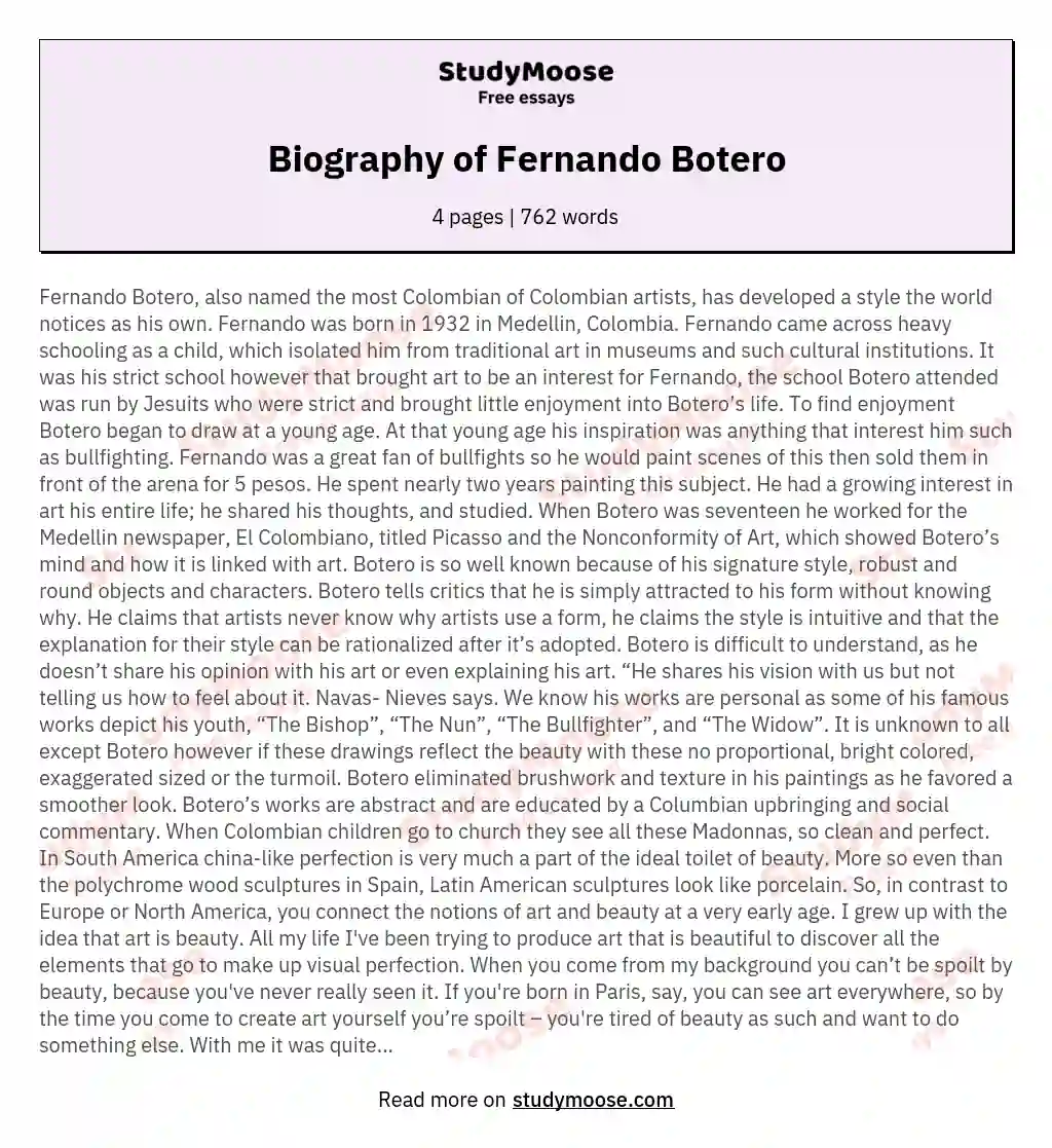 Fernando Botero: Artistic Legacy and Social Impact essay