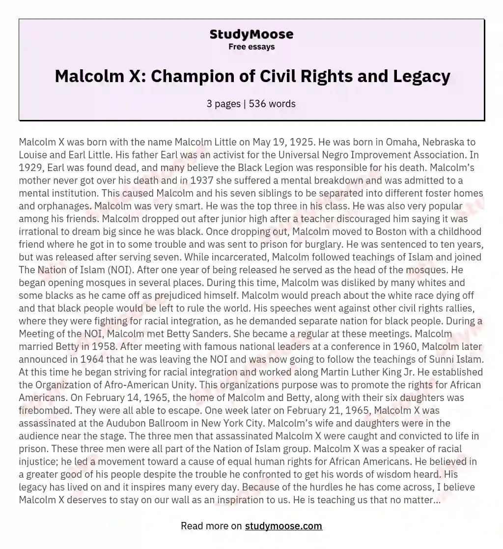 Malcolm X: Champion of Civil Rights and Legacy essay