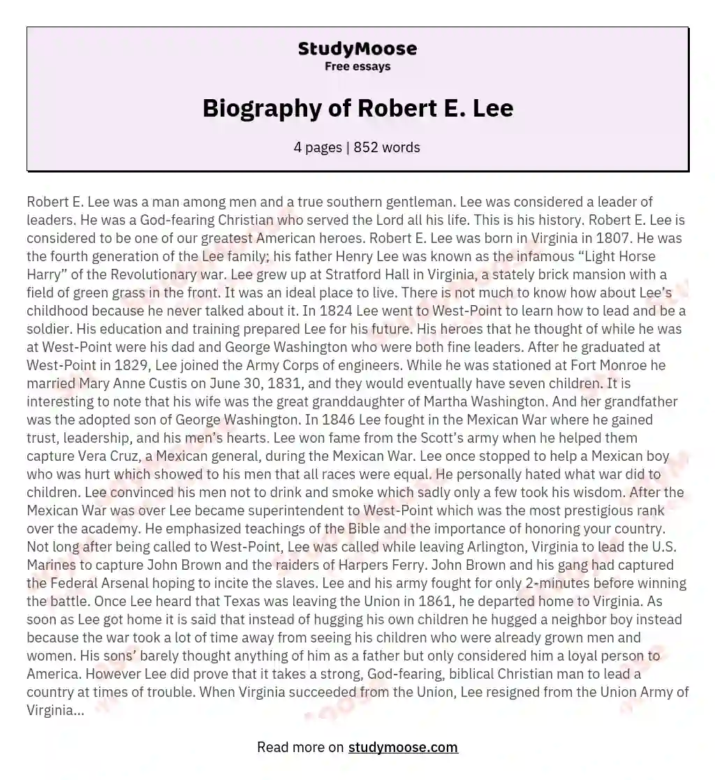 Biography of Robert E. Lee essay