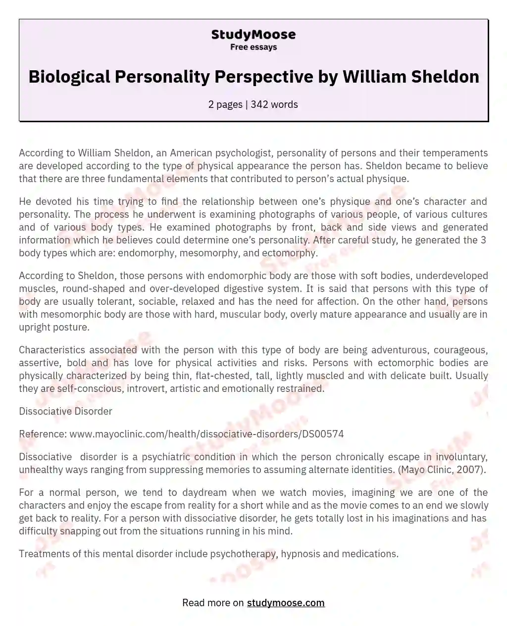 Biological Personality Perspective by William Sheldon essay