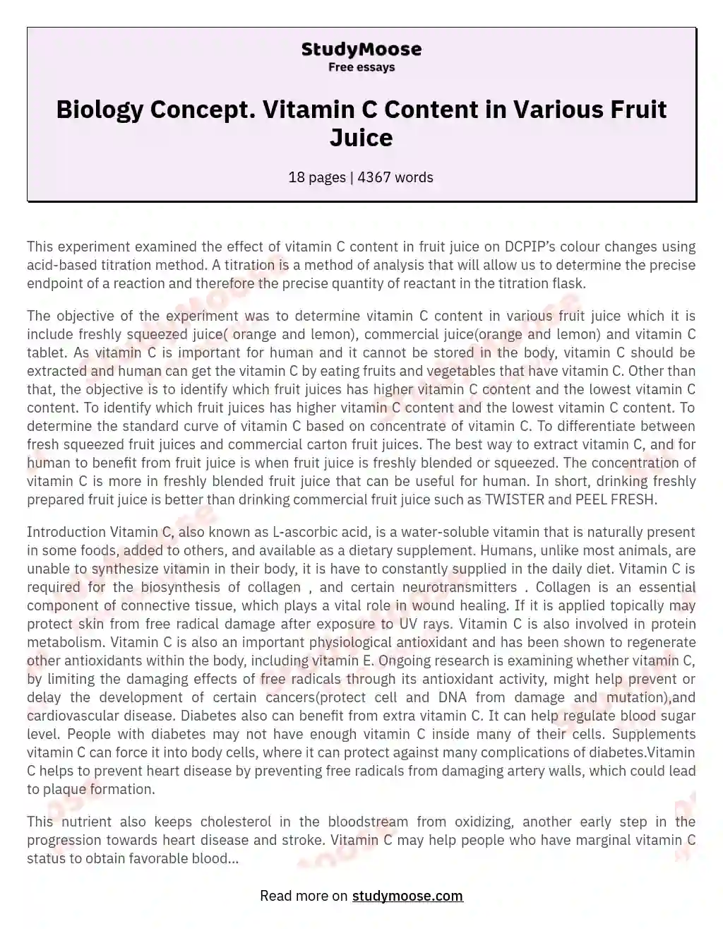Biology Concept. Vitamin C Content in Various Fruit Juice essay