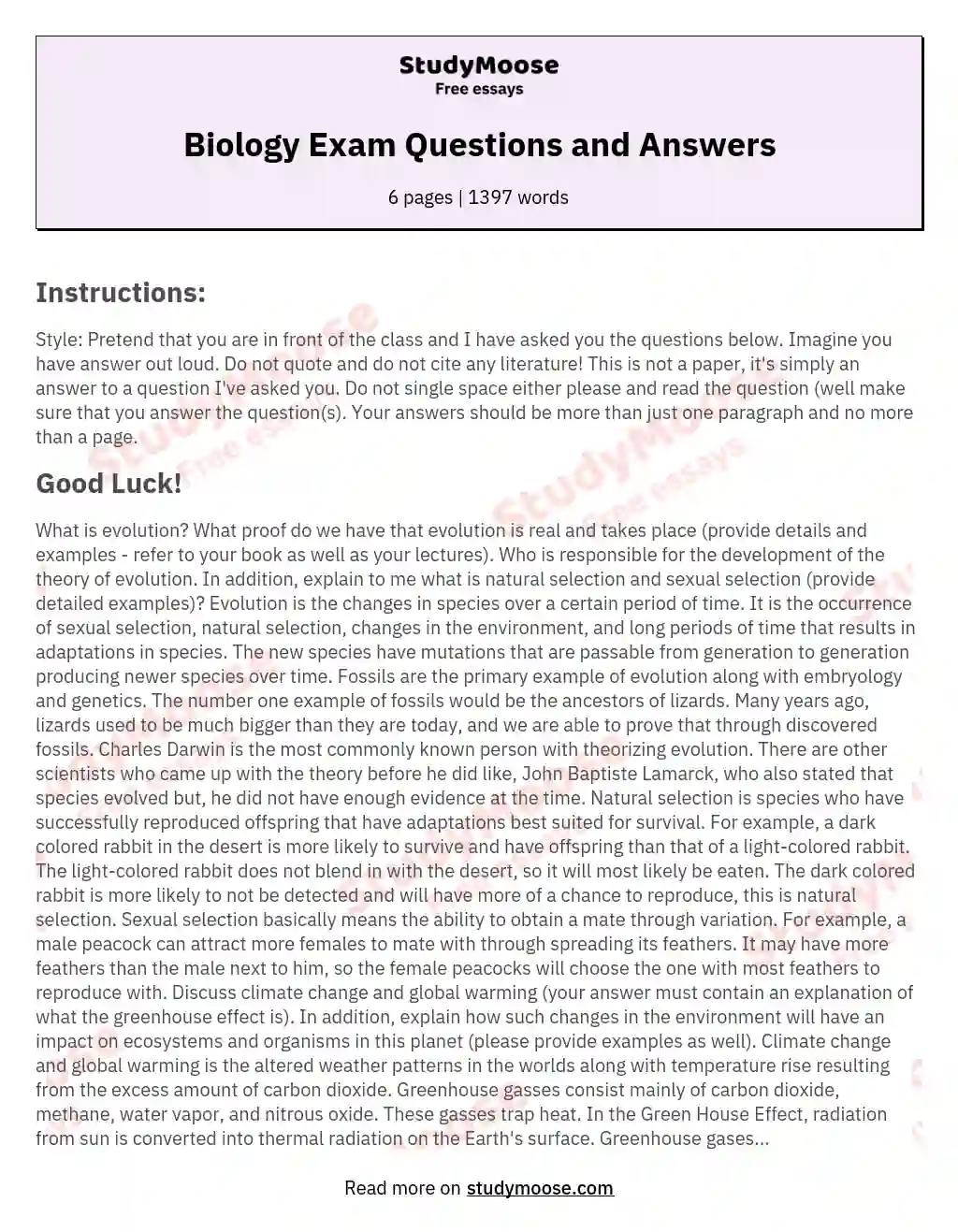 Biology Exam Questions and Answers essay