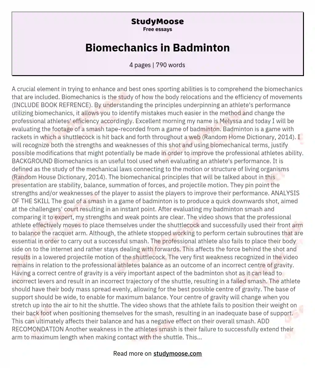 Biomechanics in Badminton essay