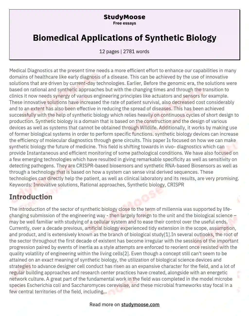 Biomedical Applications of Synthetic Biology essay