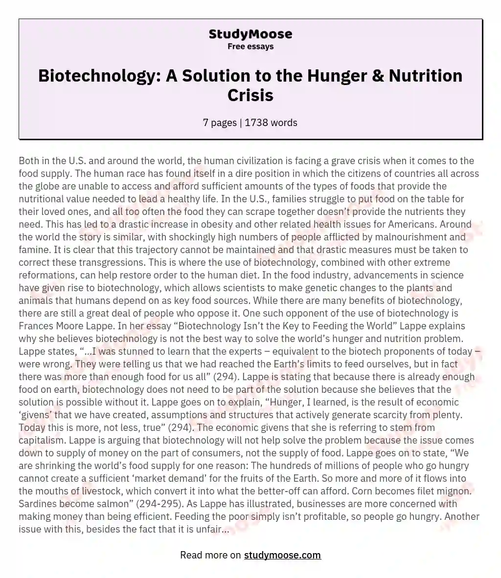Biotechnology: A Solution to the Hunger & Nutrition Crisis essay