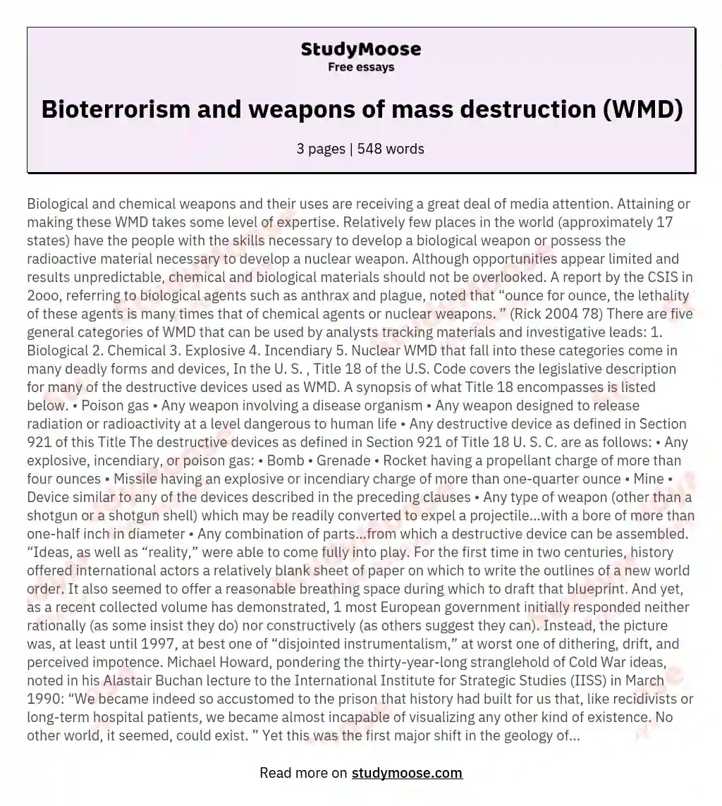 Bioterrorism and weapons of mass destruction (WMD) essay