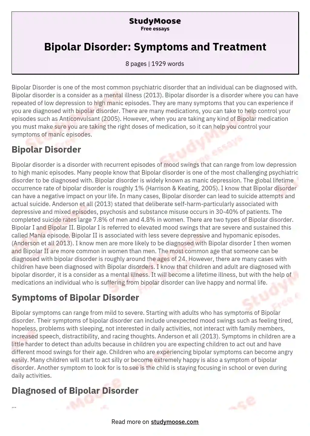 Bipolar Disorder: Symptoms and Treatment essay