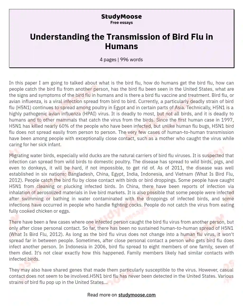 Understanding the Transmission of Bird Flu in Humans essay