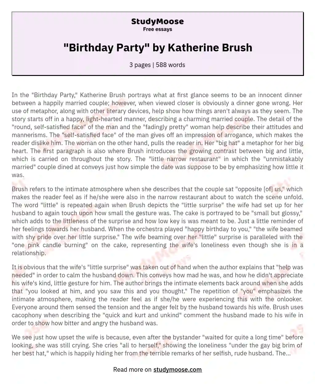 "Birthday Party" by Katherine Brush essay