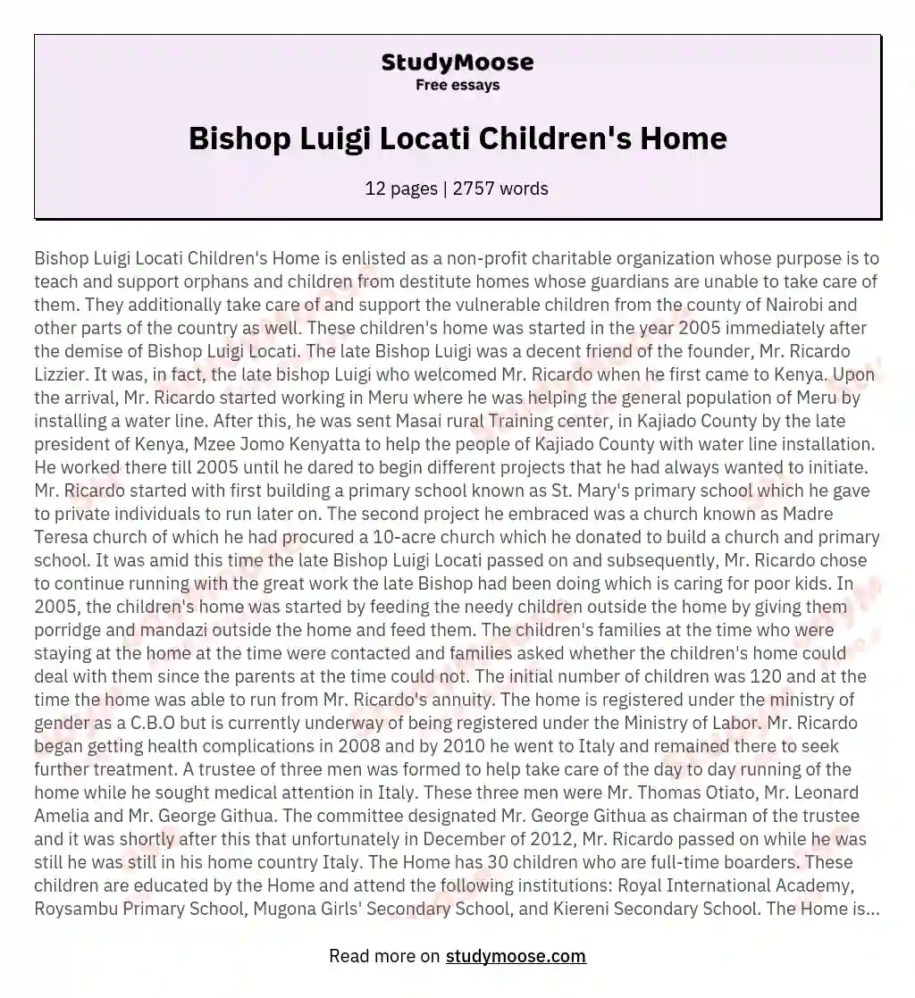 Bishop Luigi Locati Children's Home essay