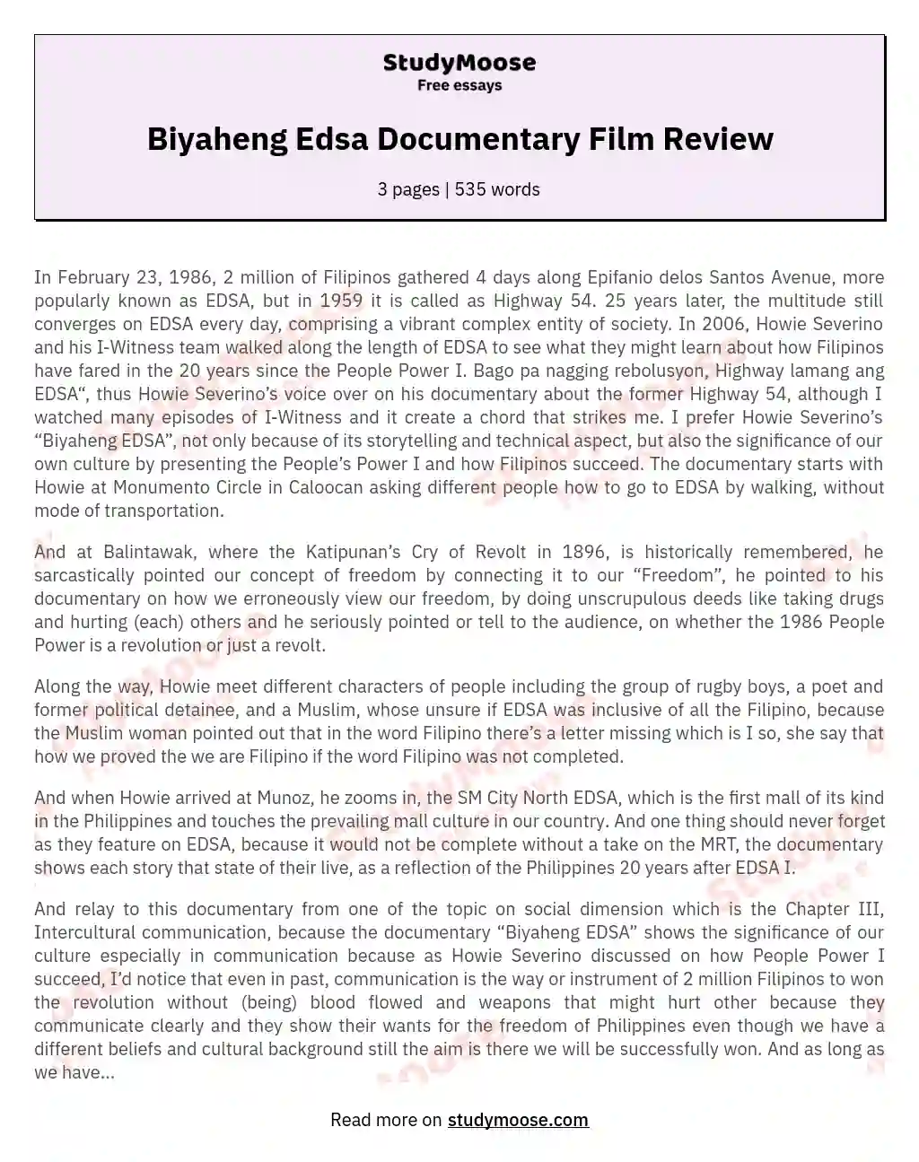 Biyaheng Edsa Documentary Film Review essay