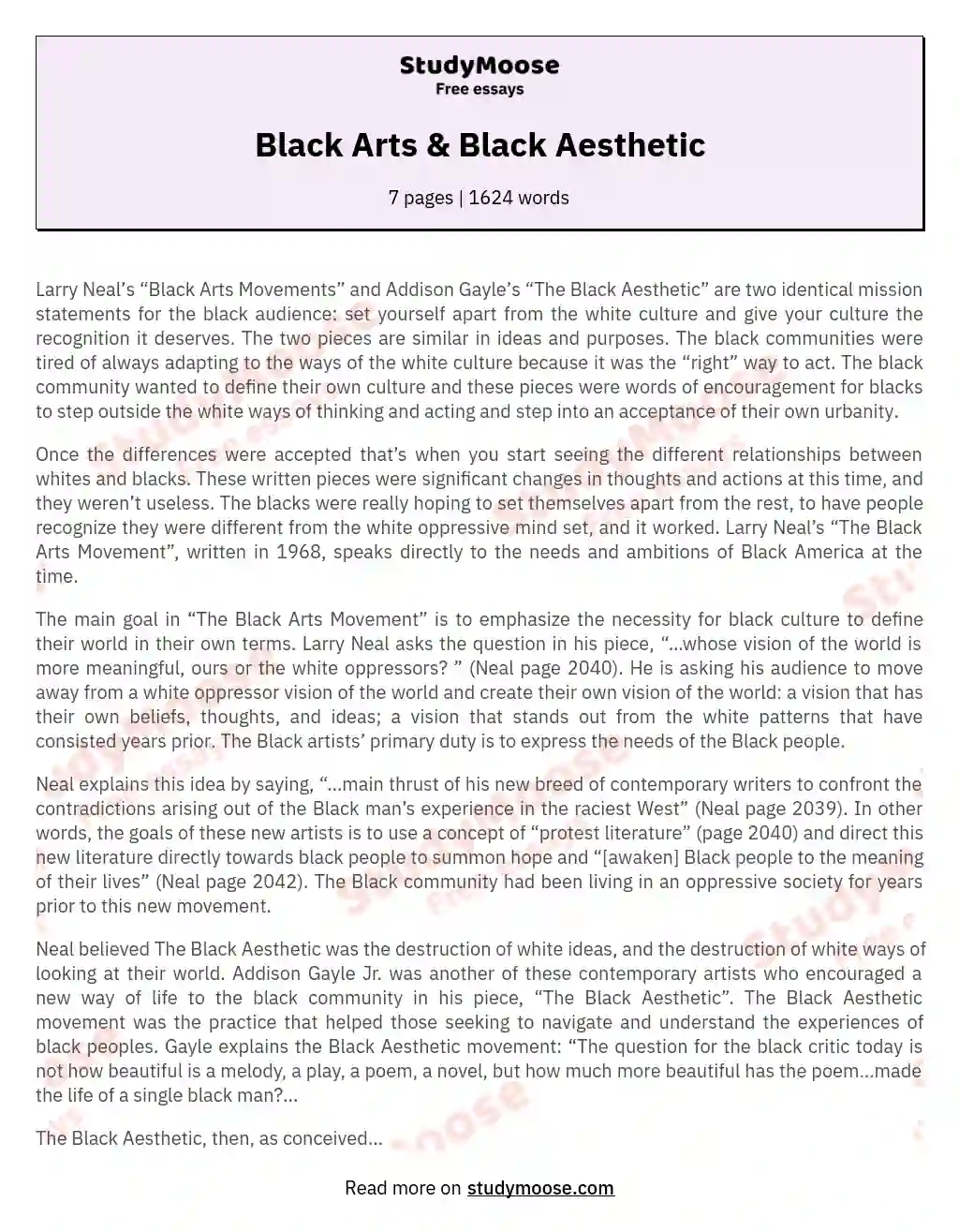 Black Arts &amp; Black Aesthetic essay
