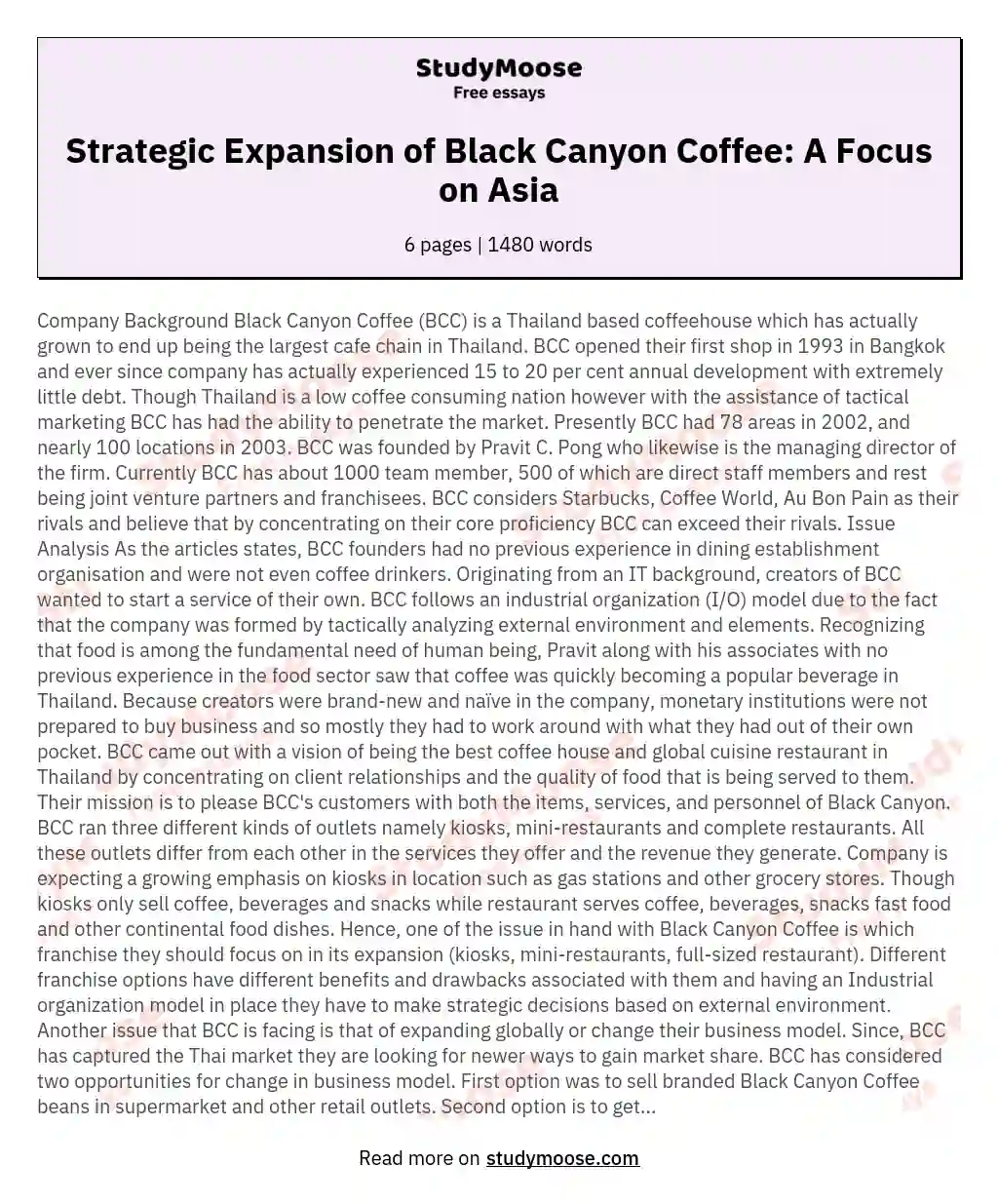 Strategic Expansion of Black Canyon Coffee: A Focus on Asia essay