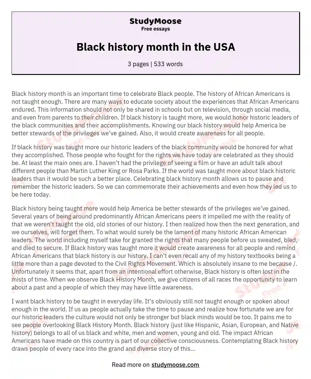 Black history month in the USA essay