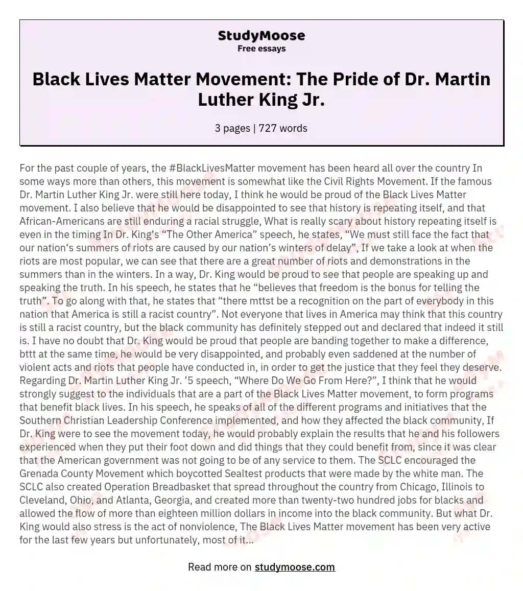 Black Lives Matter Movement: The Pride of Dr. Martin Luther King Jr. essay