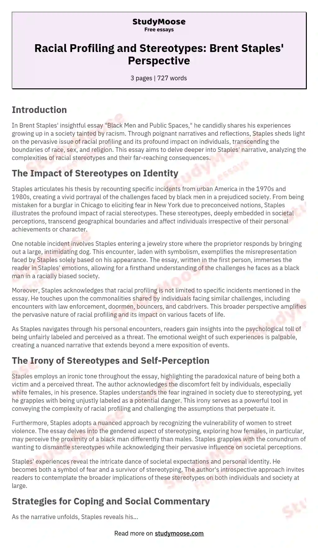 Racial Profiling and Stereotypes: Brent Staples' Perspective essay