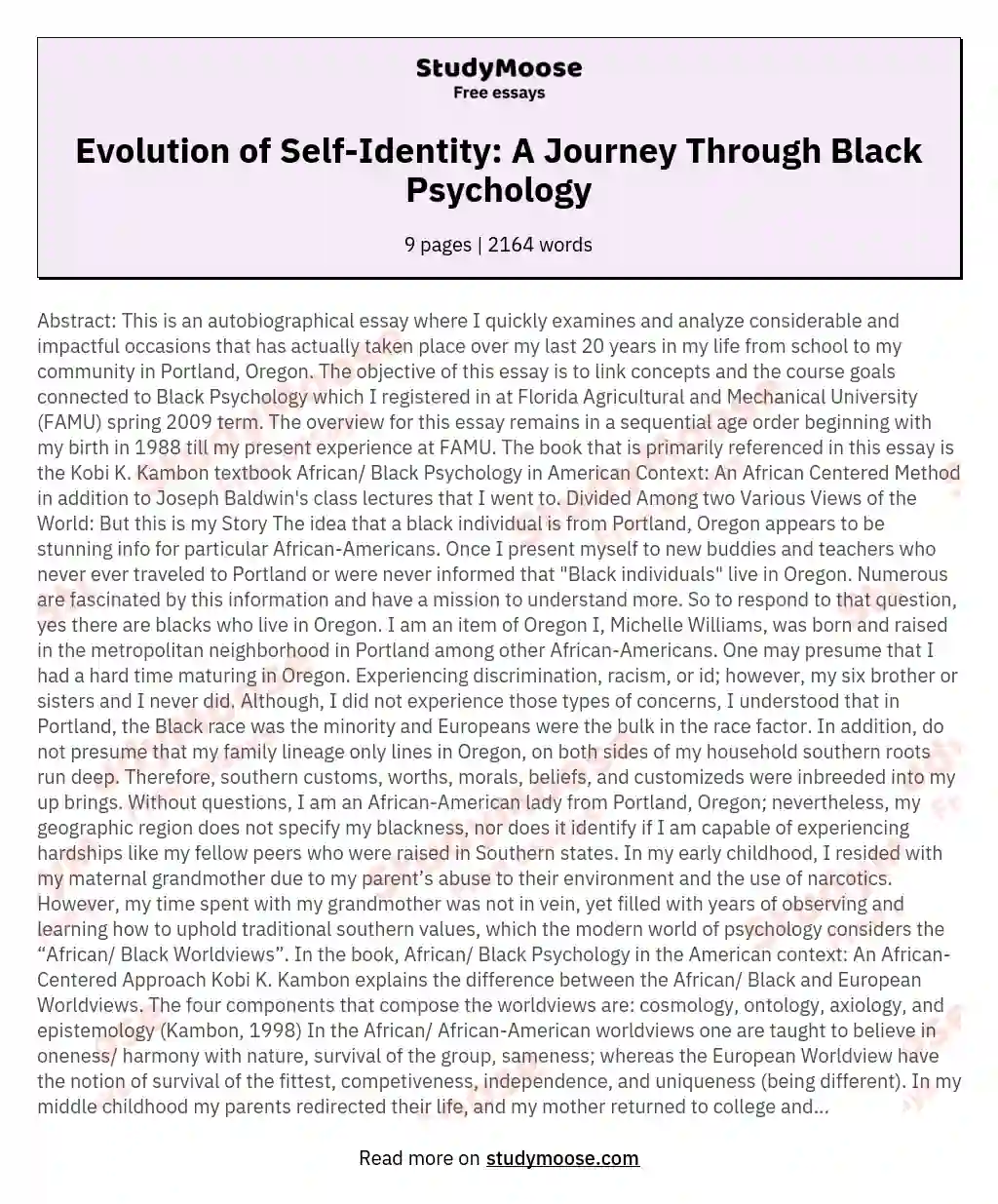 Evolution of Self-Identity: A Journey Through Black Psychology essay