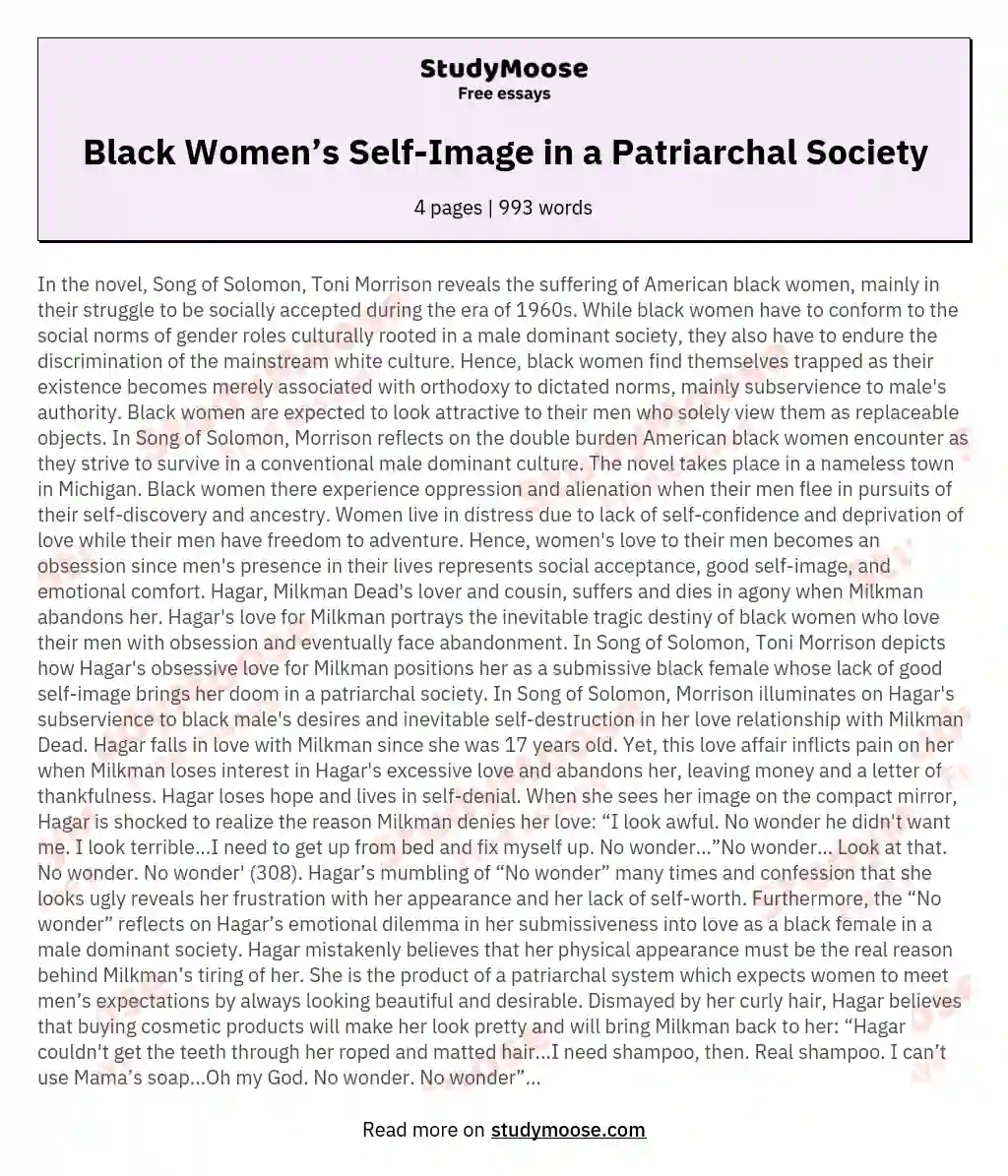 Black Women’s Self-Image in a Patriarchal Society essay