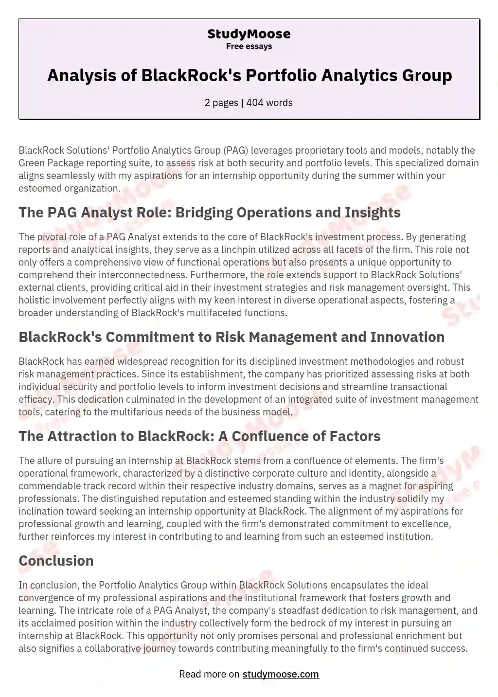 Analysis of BlackRock's Portfolio Analytics Group essay