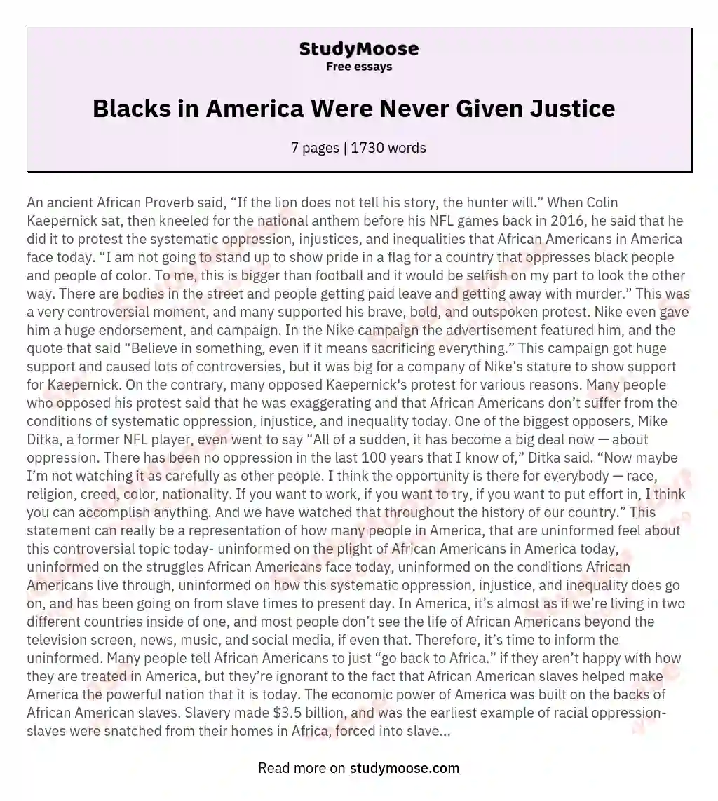 Blacks in America Were Never Given Justice   essay