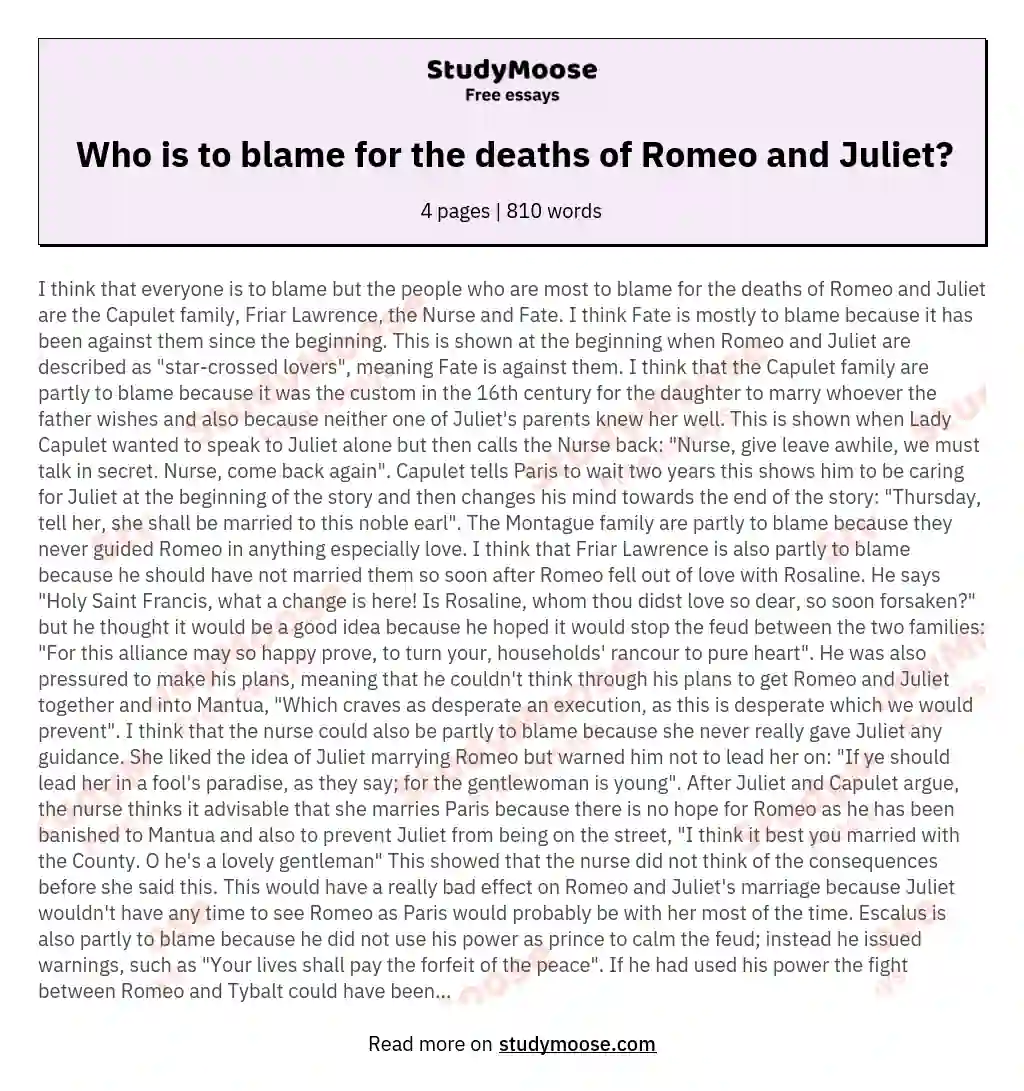 Who is to blame for the deaths of Romeo and Juliet?