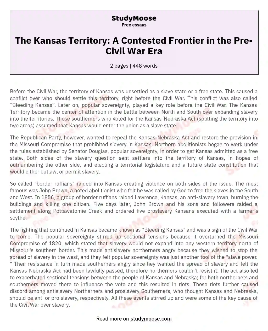 The Kansas Territory: A Contested Frontier in the Pre-Civil War Era