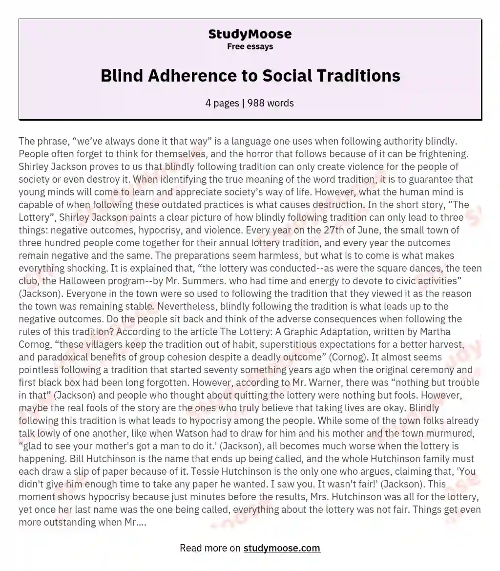 Blind Adherence to Social Traditions essay