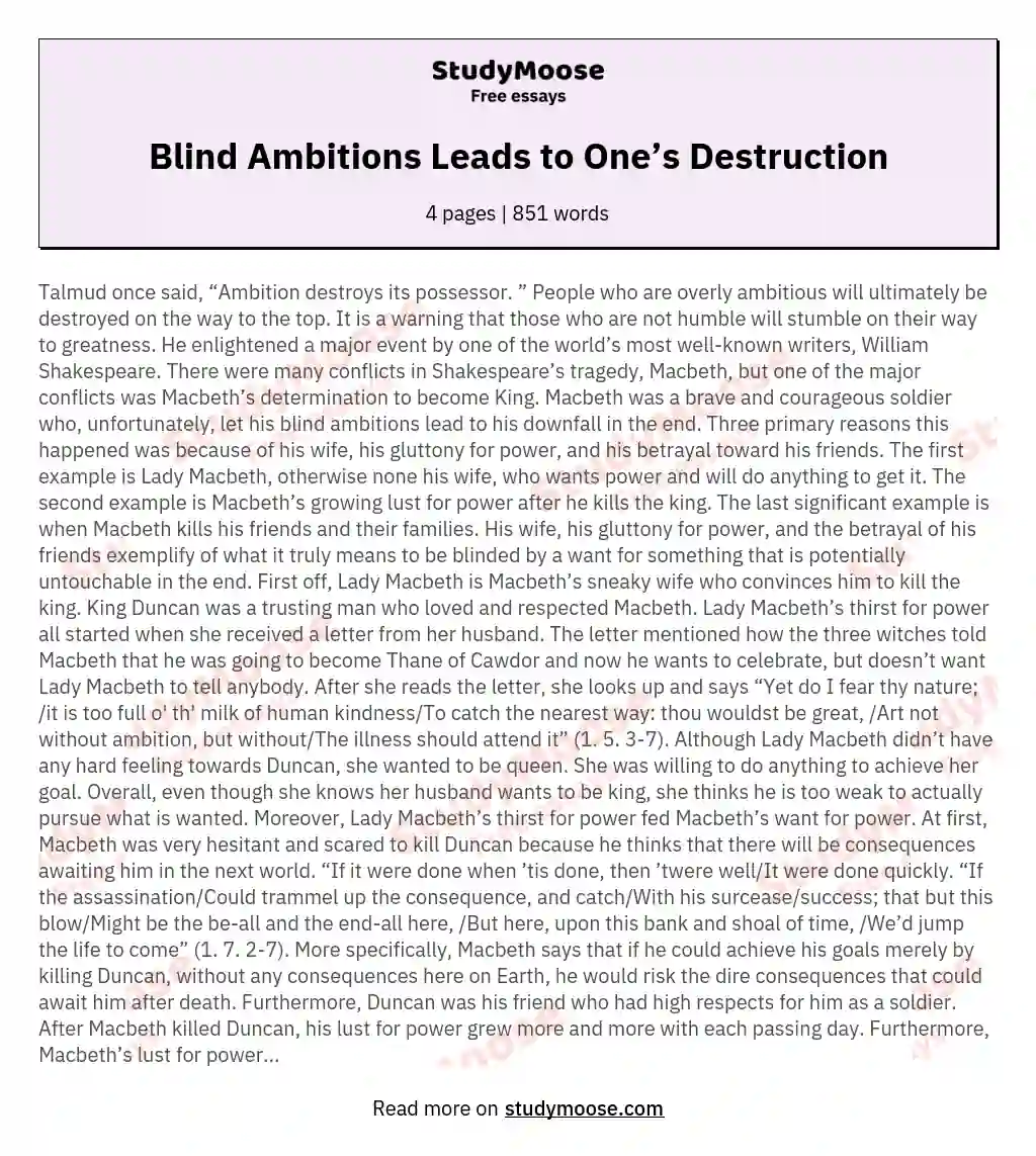 Blind Ambitions Leads to One’s Destruction essay