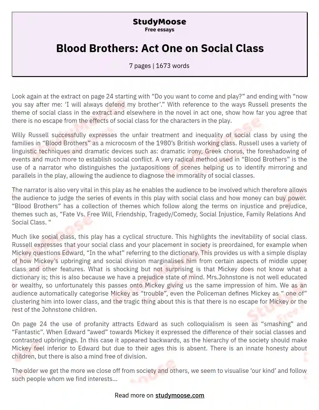 Blood Brothers: Act One on Social Class essay