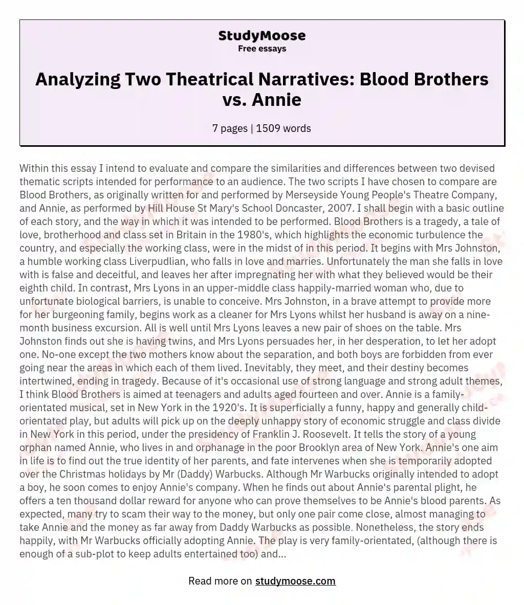 Analyzing Two Theatrical Narratives: Blood Brothers vs. Annie essay
