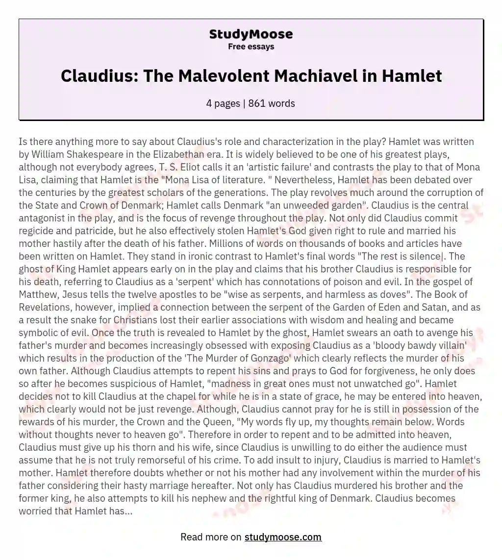 Claudius: The Malevolent Machiavel in Hamlet essay