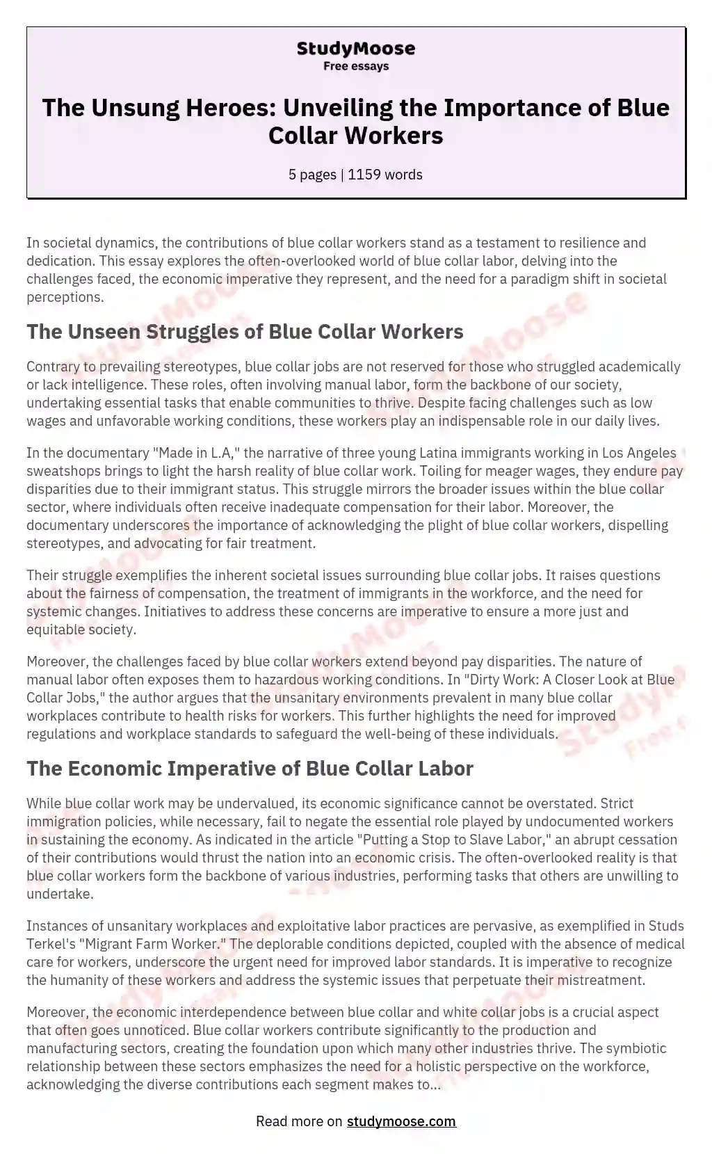 The Unsung Heroes: Unveiling the Importance of Blue Collar Workers essay