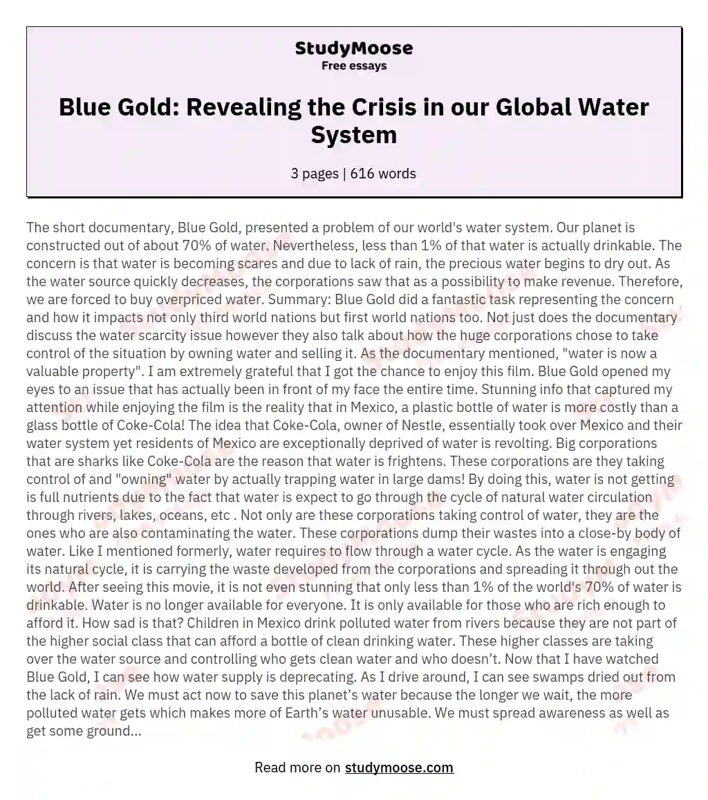 Blue Gold: Revealing the Crisis in our Global Water System essay
