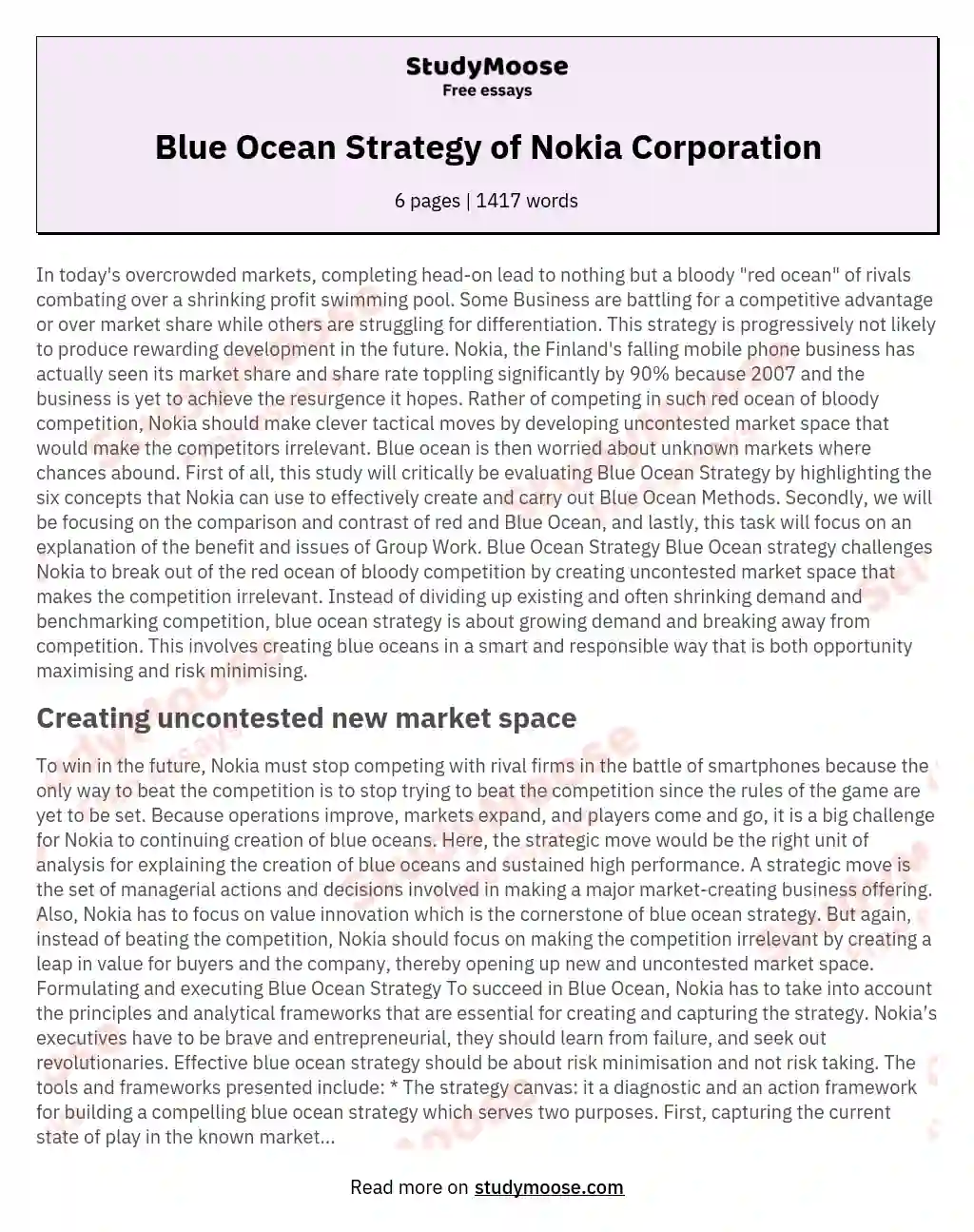 Blue Ocean Strategy of Nokia Corporation essay