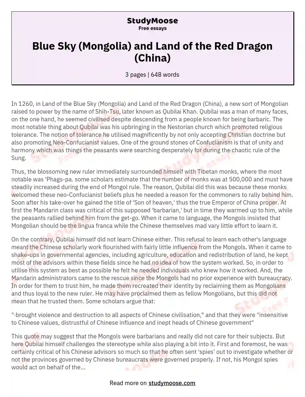 Blue Sky (Mongolia) and Land of the Red Dragon (China) essay