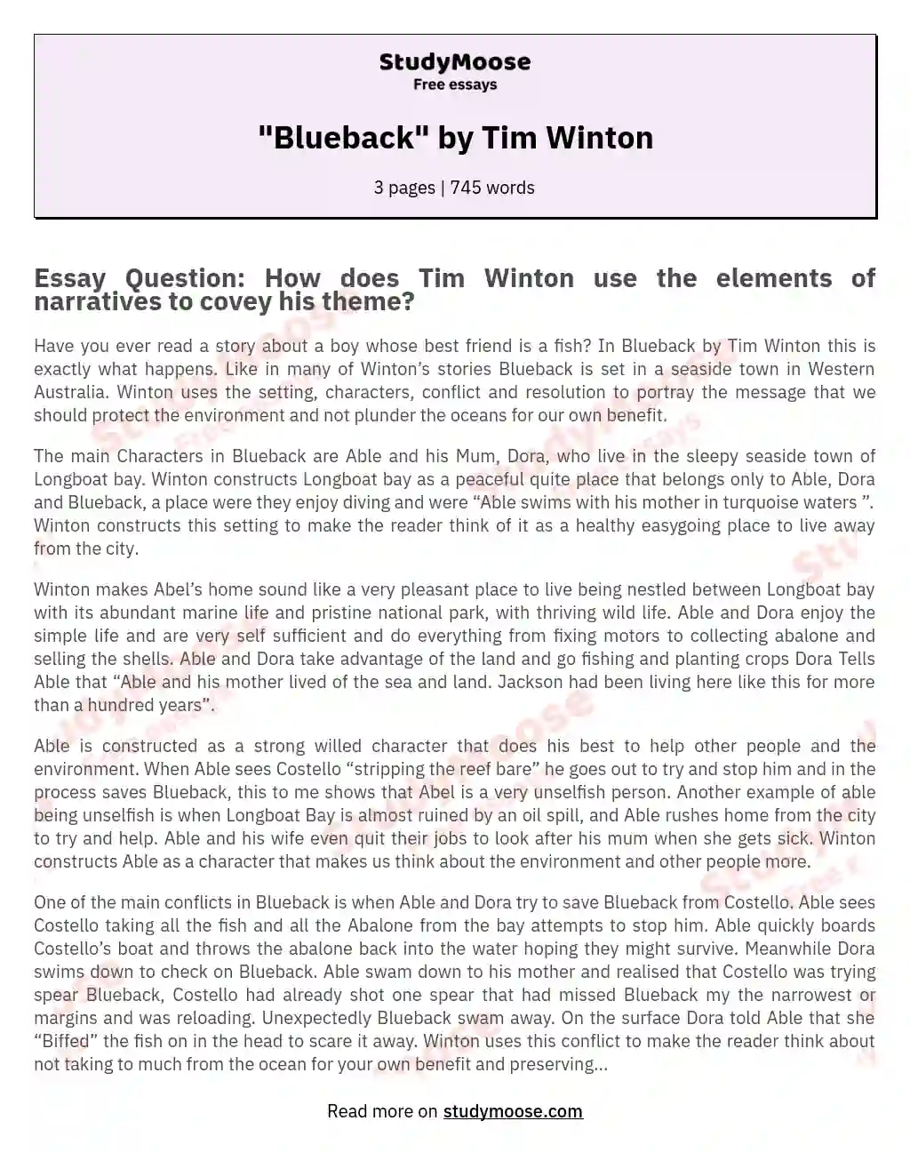 "Blueback" by Tim Winton essay