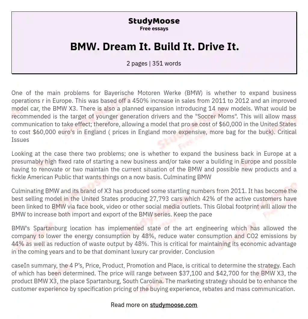 BMW. Dream It. Build It. Drive It. essay