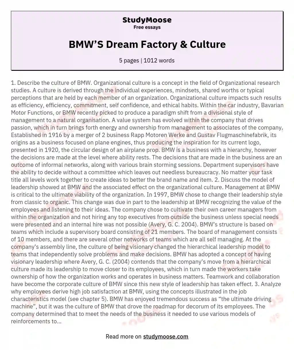 BMW’S Dream Factory &amp; Culture essay
