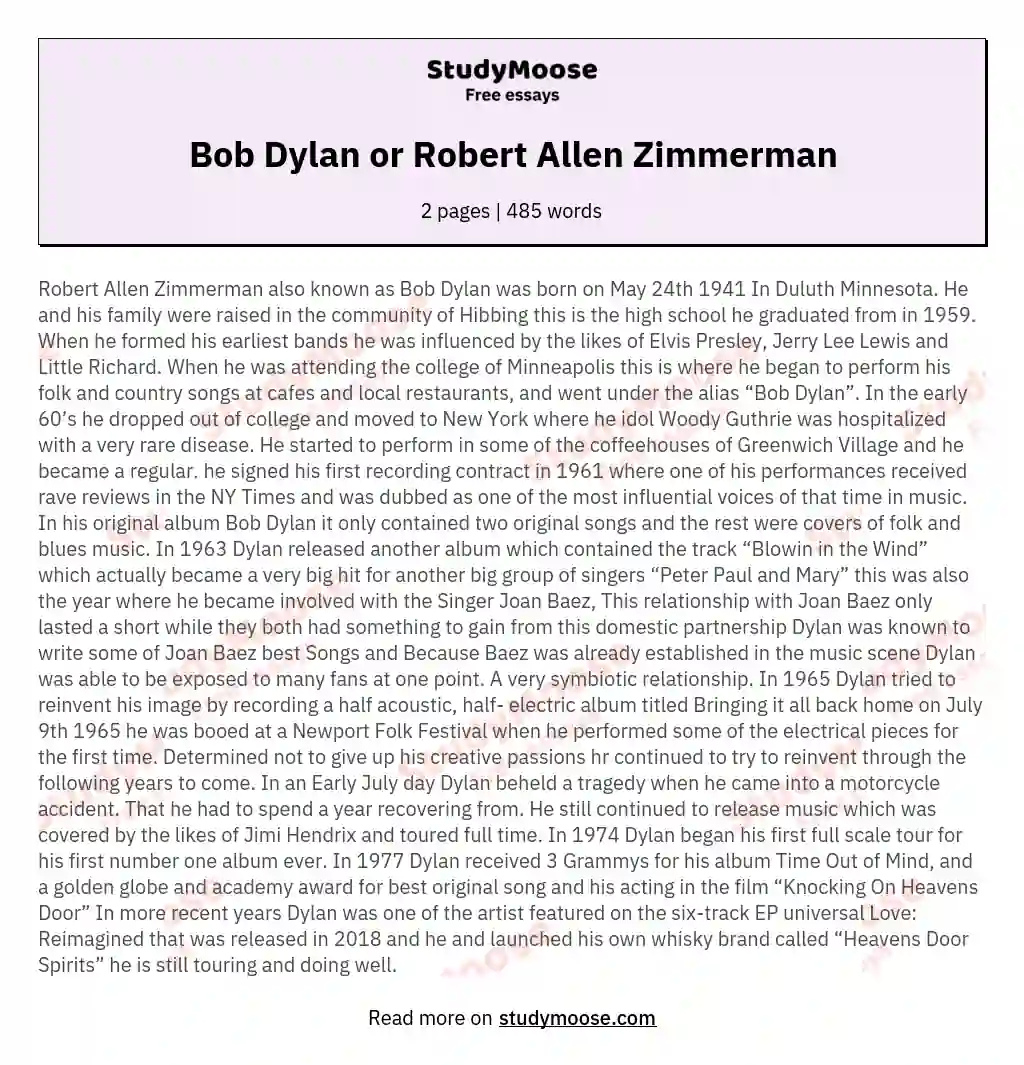 Bob Dylan or Robert Allen Zimmerman essay