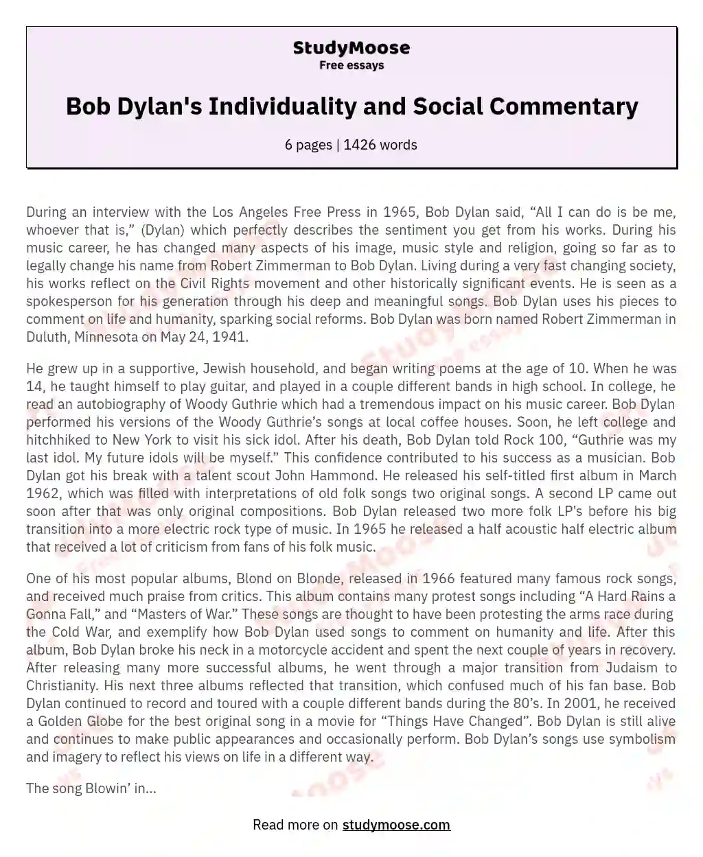 Bob Dylan's Individuality and Social Commentary