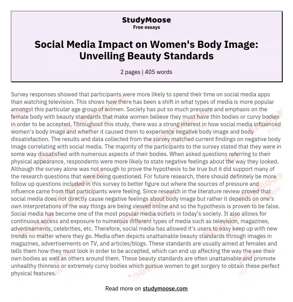 Social Media Impact on Women's Body Image: Unveiling Beauty Standards essay
