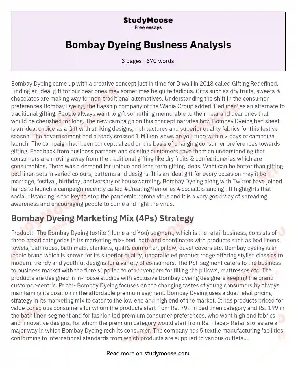 Bombay Dyeing Business Analysis essay