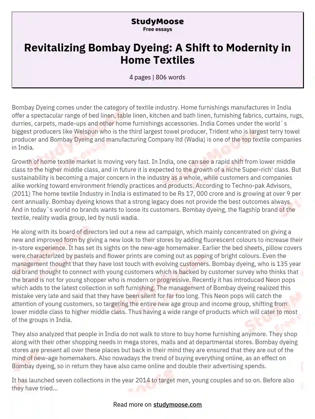 Revitalizing Bombay Dyeing: A Shift to Modernity in Home Textiles essay