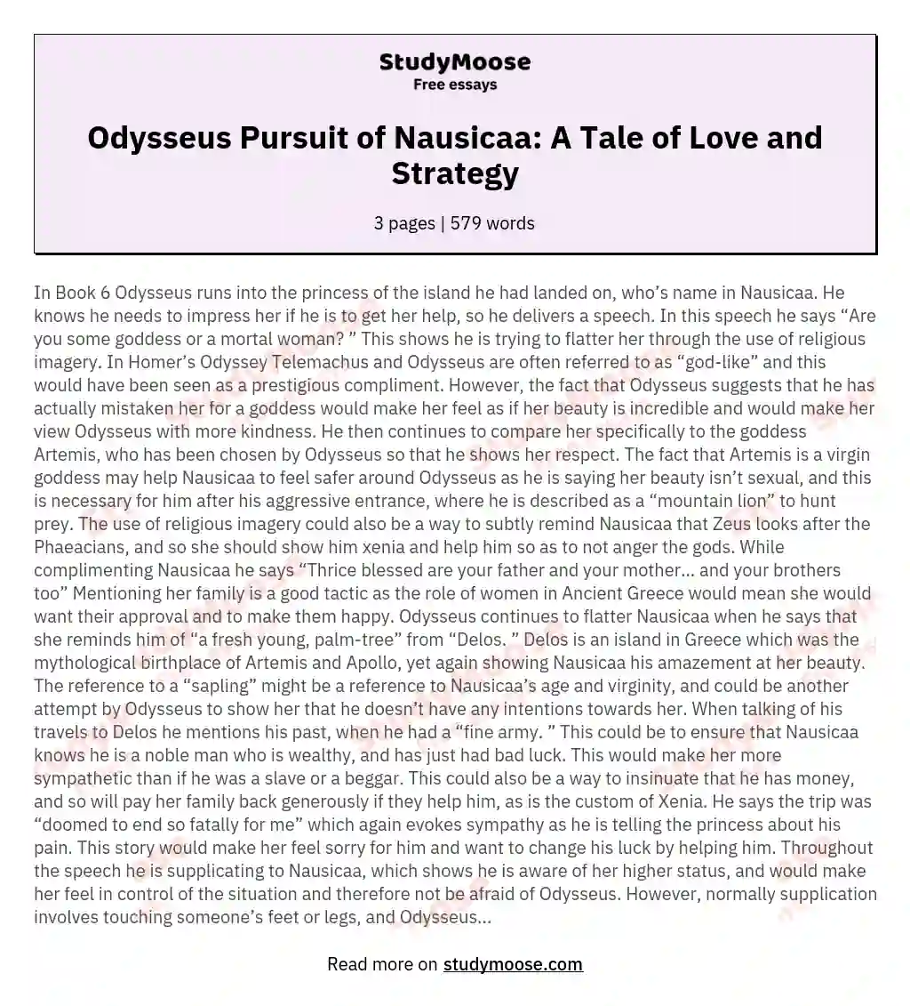 Odysseus Pursuit of Nausicaa: A Tale of Love and Strategy essay