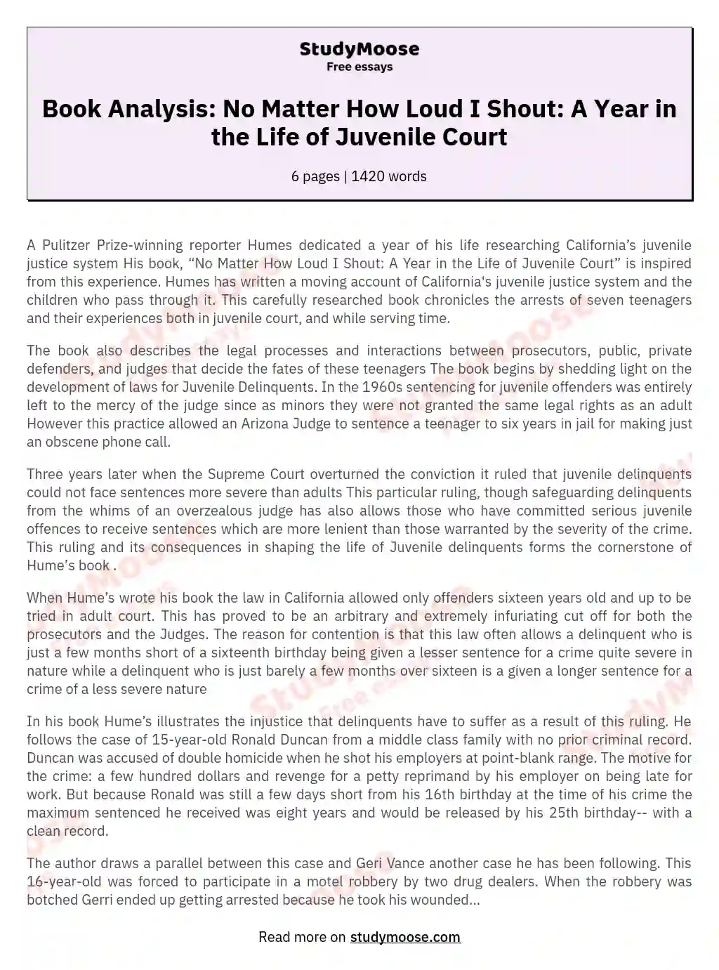Book Analysis: No Matter How Loud I Shout: A Year in the Life of Juvenile Court essay